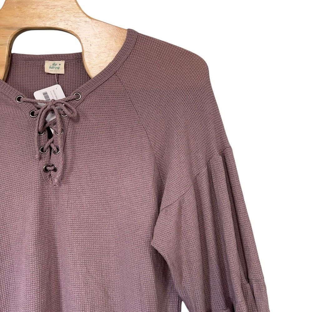 Blue Buttercup Women's Size L Lavender Waffle‎ Knit Long Poet Sleeves Lace Up - Picture 2 of 7